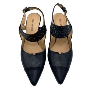 France Mode Navy Blue Heels with Pointed Toe and Slingback Women’s 37.5 Leather